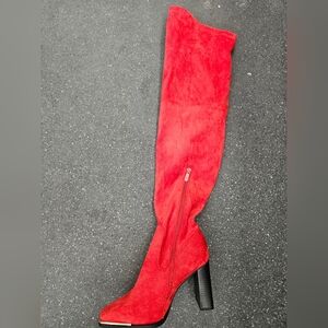 DREAM PAIRS Red Faux Suede Over-The-Knee Boots – Square Toe Block Heel
